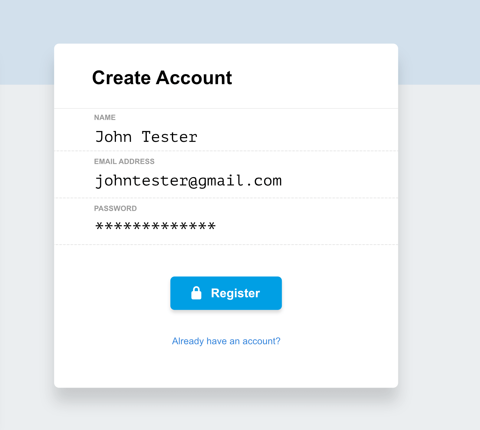 Create backup account mockup