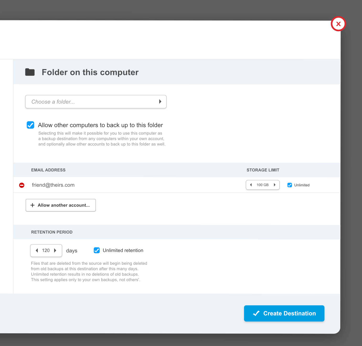 Edit backup destination and share storage